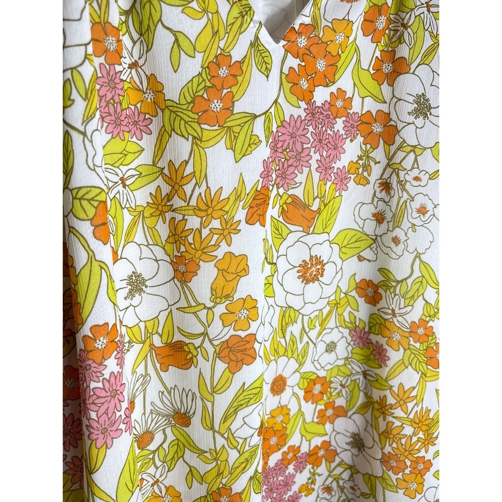 Floral Peasant Top Large Retro Hippie Boho Lantern Sleeve V-Neck Chiffon - Picture 2 of 6